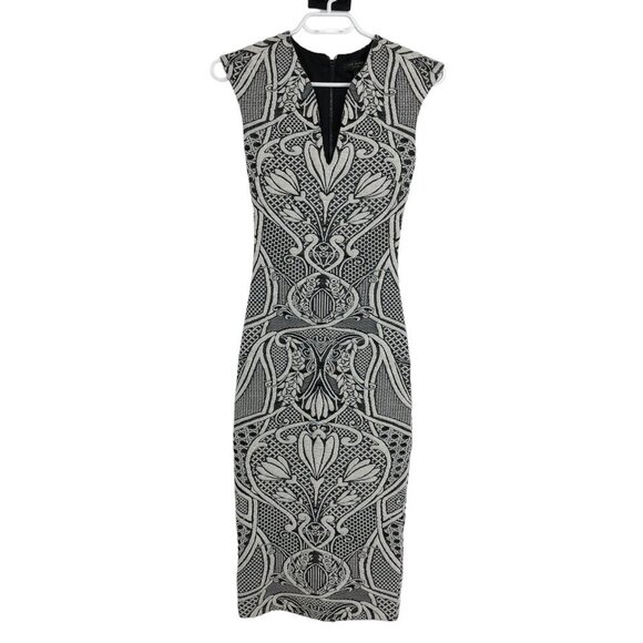 Ted Baker London Black and White Sancha Jacquard Fitted Pencil Midi Dress size 0 - Picture 2 of 16